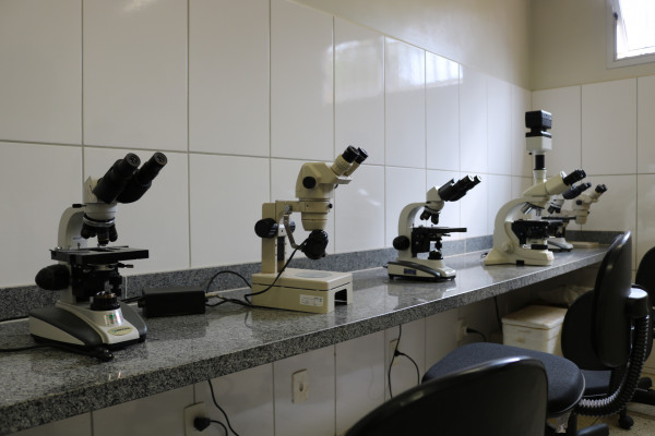 Sala de microscopia com 5 lupas (microscópios estereoscópicos) e 6 microscópios